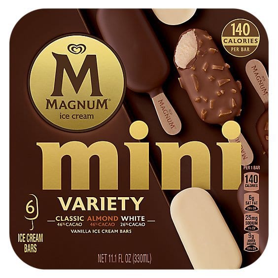 Magnum Mini Variety ice cream bars box with chocolate and almond bars, 140 calories per bar.