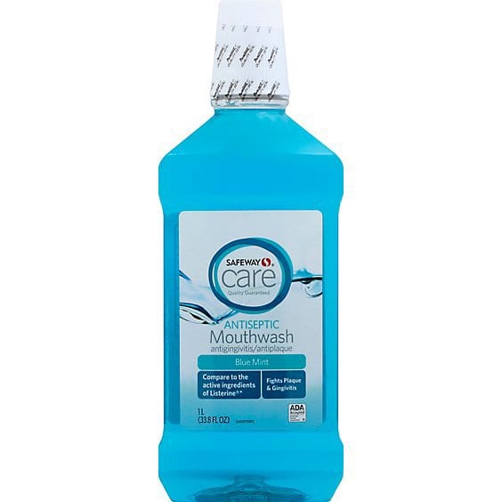 Safeway Care blue mint antiseptic mouthwash bottle, 1 liter, with label comparing to Listerine