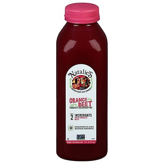 Natalie's Orange Beet juice bottle with pink cap and label on white background