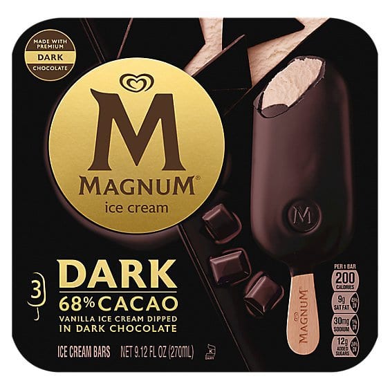 Magnum Dark 68% Cacao ice cream bars box with chocolate-covered vanilla bars and chocolate chunks