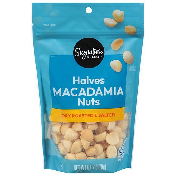 Signature Select Halves Macadamia Nuts, Dry Roasted & Salted, 6 oz blue bag with clear bottom showing nuts.