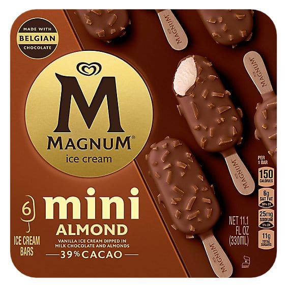 Magnum Mini Almond ice cream bars box with chocolate-covered vanilla bars and almonds