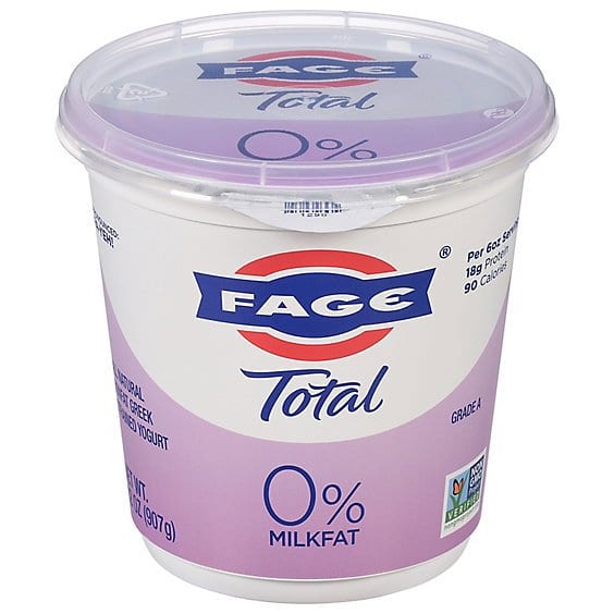 Fage Total 0% milkfat plain Greek yogurt 16 oz container with white and purple label.