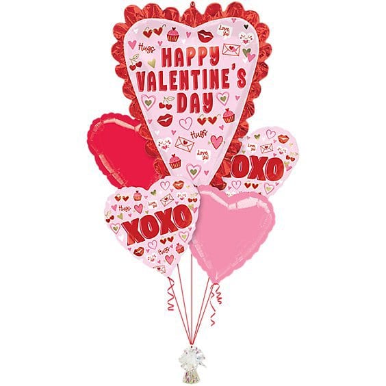 Valentine's Day balloon bouquet with pink and red heart-shaped balloons reading Happy Valentine's Day and XOXO.