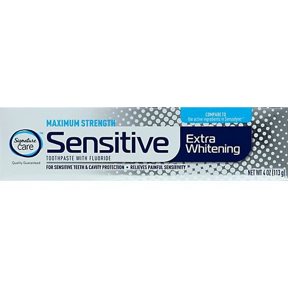 Signature Care Maximum Strength Sensitive Extra Whitening toothpaste box, 4 oz