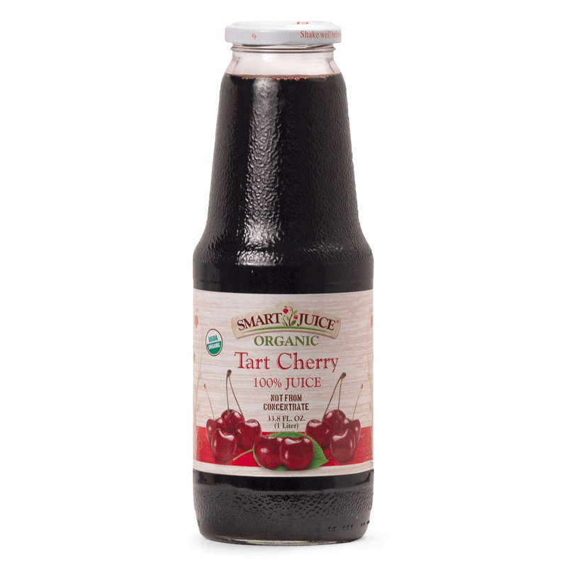 Smart Juice Organic Tart Cherry 100% Juice in a 33.8 fl oz glass bottle.