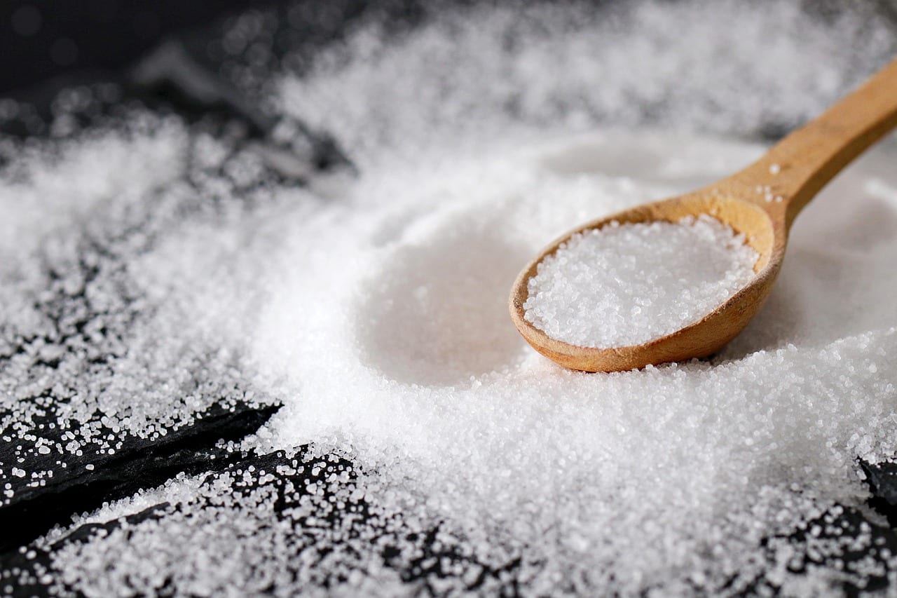 salt, sea salt, spoon, wooden spoon, bowl, spice, ingredients, table, food, healthy, cooking