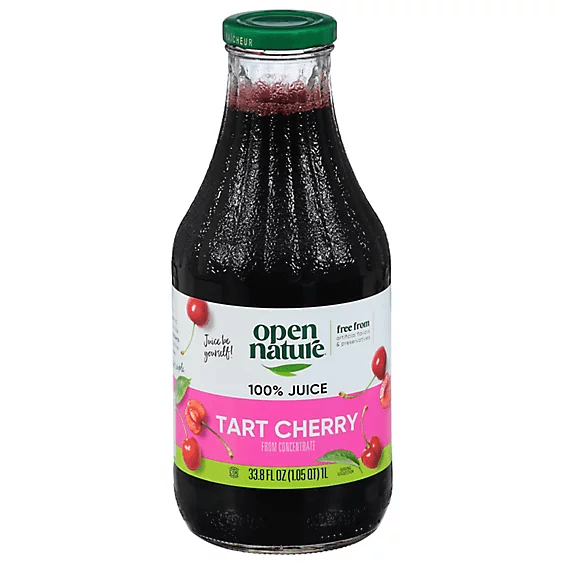 Open Nature Tart Cherry 100% Juice in a 33.8 fl oz glass bottle with a green cap