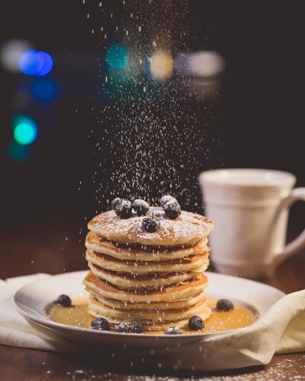 blueberries, breakfast, pancakes, stack, stack of pancakes, powdered sugar, breakfast food, breakfast meal, delicious, food, pastry, plate, sugar, sweet, food photography, eat