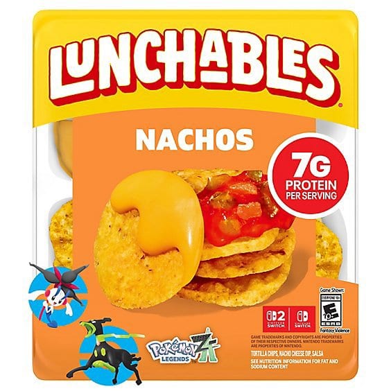 Lunchables Nachos tray showing round tortilla chips with nacho cheese dip and salsa