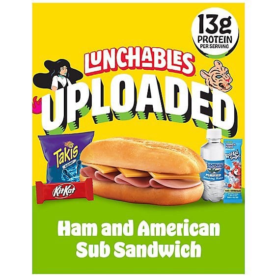 Lunchables Uploaded Ham and American Sub Sandwich box showing a ham and cheese sub with Takis, a Kit Kat, a bottle of water, and a Kool-Aid Singles packet