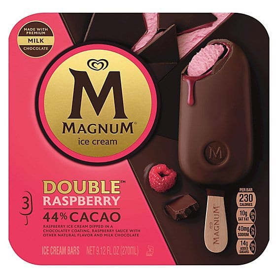 Magnum Double Raspberry ice cream bars box with chocolate-covered bars and raspberries.