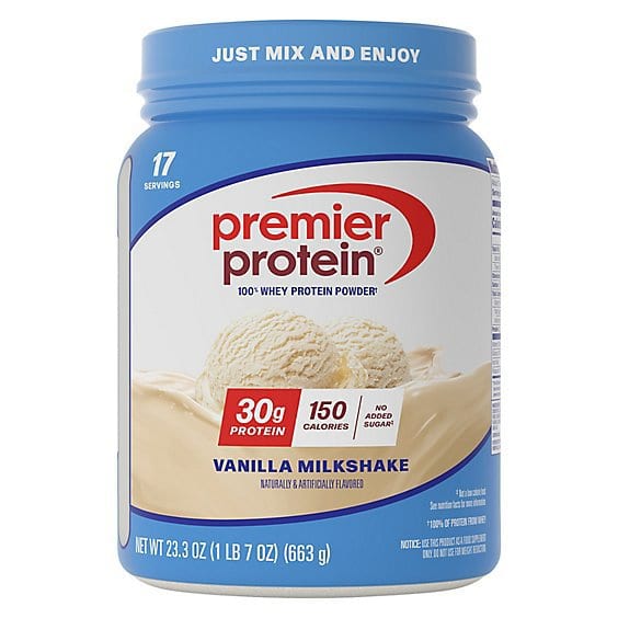 Premier Protein Vanilla Milkshake powder tub with blue lid showing ice cream scoops