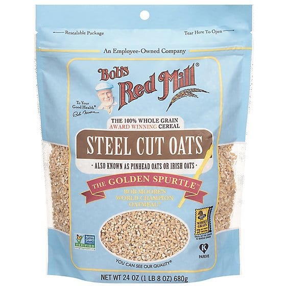 Bob's Red Mill Steel Cut Oats bag, 24 oz, with clear windows showing oats, blue packaging