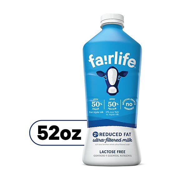 Fairlife 52oz reduced fat ultra-filtered milk bottle with blue label and cow graphic