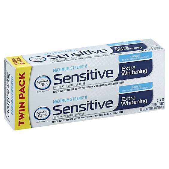Signature Care Sensitive Extra Whitening toothpaste twin pack box, 2 tubes of 4 oz