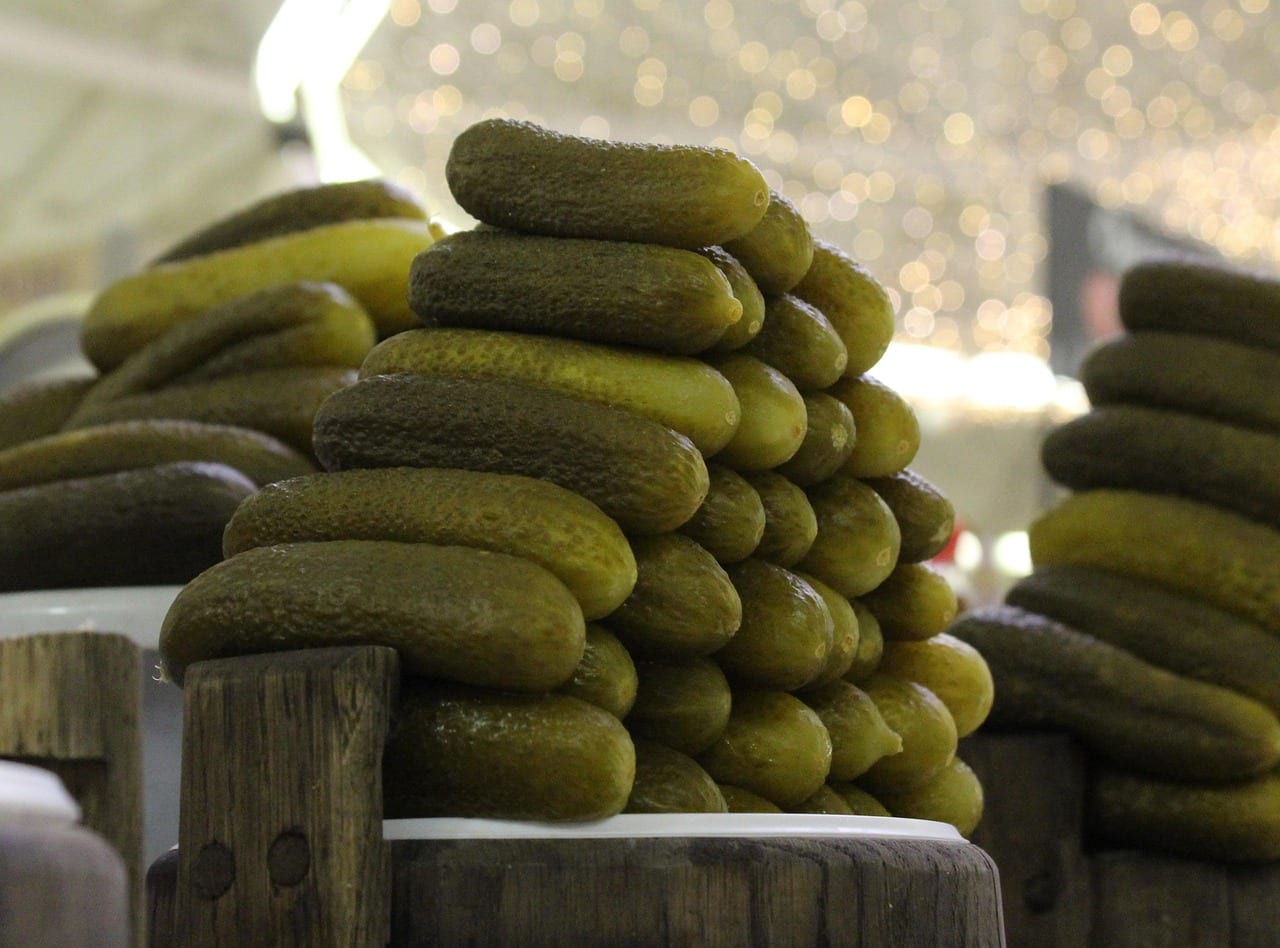 cucumbers, salty, market, pickles, row, stump, stack, snack, food