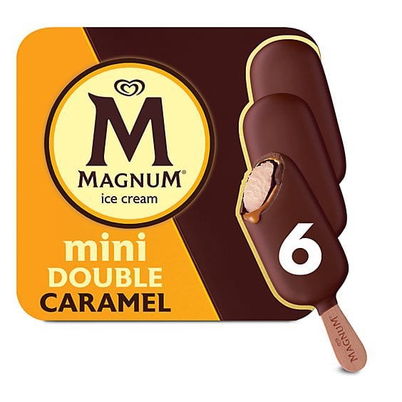 Magnum Mini Double Caramel ice cream box with chocolate-covered bars and caramel swirl
