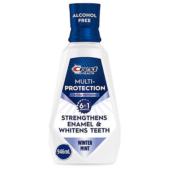 Crest Pro-Health Multi-Protection mouthwash bottle, winter mint flavor, alcohol free, 946mL
