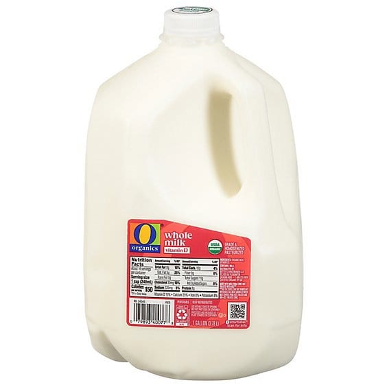 One-gallon plastic jug of Full Circle Organic Whole Milk with a red label showing nutrition facts.