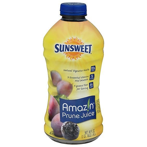 Sunsweet Amaz!n Prune Juice bottle, 48 fl oz, with prune images on yellow label.