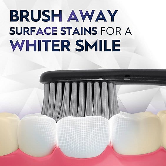 Black toothbrush brushing white teeth with text 'Brush Away Surface Stains for a Whiter Smile'