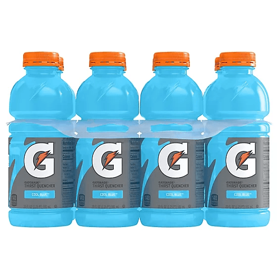 Four-pack of Gatorade Cool Blue sports drink bottles with orange caps in plastic wrap