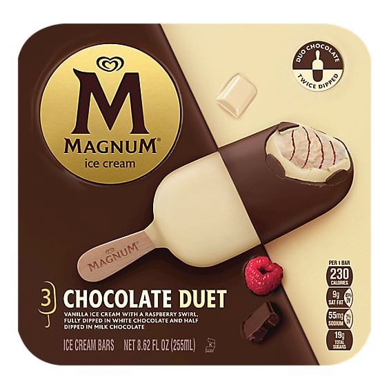 Magnum Chocolate Duet ice cream bar box with vanilla and chocolate swirl bar dipped in milk chocolate