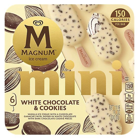 Magnum Mini White Chocolate & Cookies ice cream bars box with product images and nutritional information.