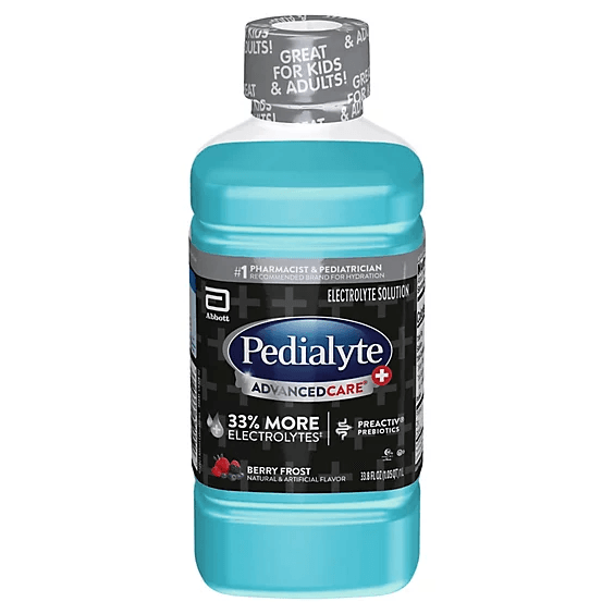 Pedialyte AdvancedCare Electrolyte Solution bottle in Berry Frost flavor, 33.8 fl oz