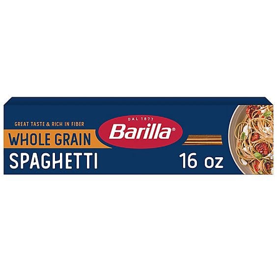 Barilla Whole Grain Spaghetti 16 oz box with pasta and dish image